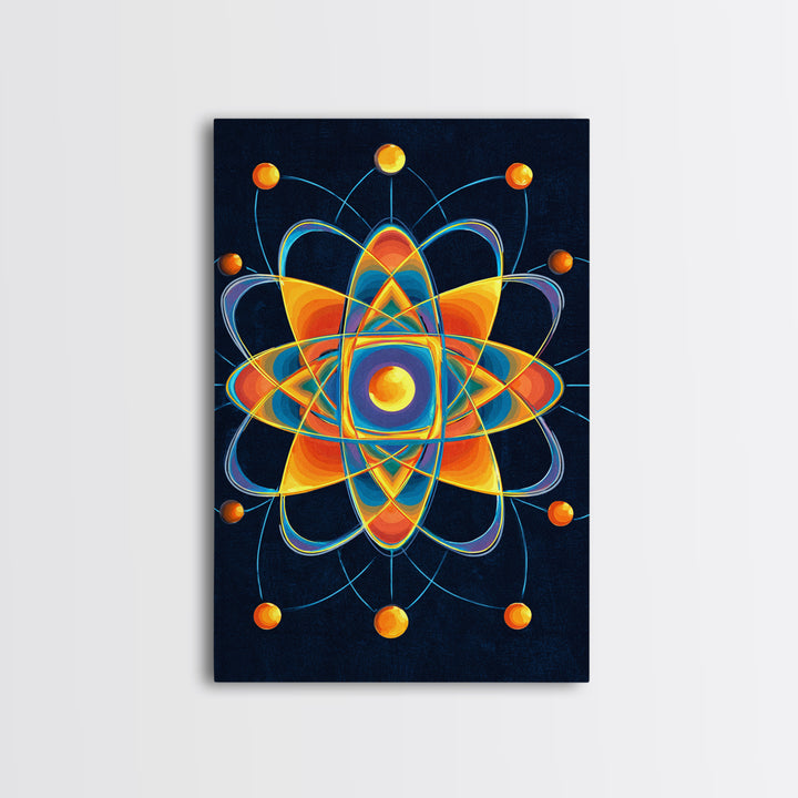 Colorful Atomic Mandala Framed Canvas Print, Midcentury Modern Wall Art, Geometric Sci Fi Poster, Retro Office Decor Gift