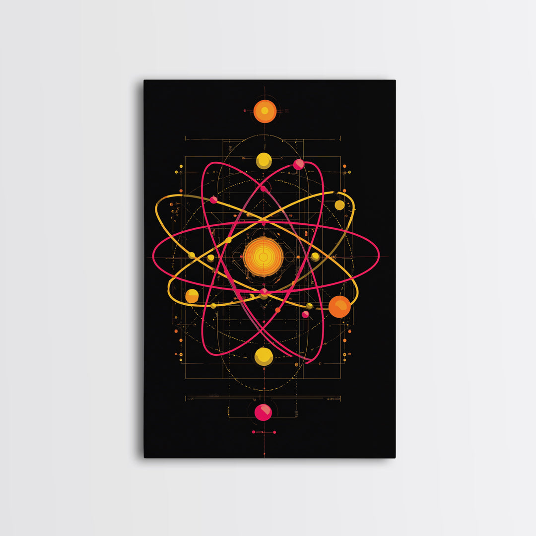 Technical Atom Diagram Canvas Print, Midcentury Modern Art, Retro Science Wall Decor, Black Pink Atomic Poster For Office