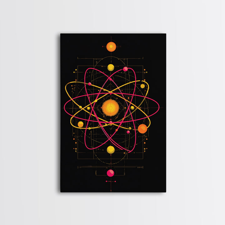 Technical Atom Diagram Canvas Print, Midcentury Modern Art, Retro Science Wall Decor, Black Pink Atomic Poster For Office