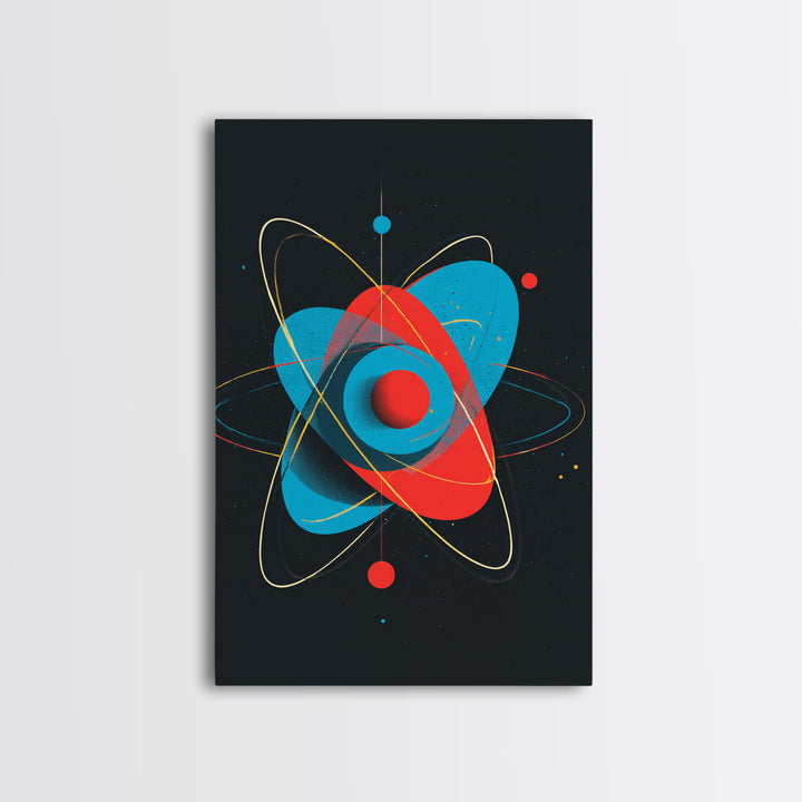 Modern Red Blue Atom Canvas Print, Midcentury Modern Art, Atomic Retro Wall Decor, Space Abstract Poster For Living Room
