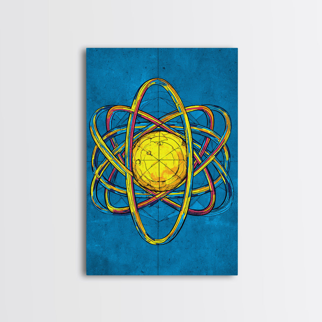 Electric Blue Atom Framed Canvas Print, Midcentury Modern Wall Art, Retro Science Poster, Yellow Orb Decor For Home Office