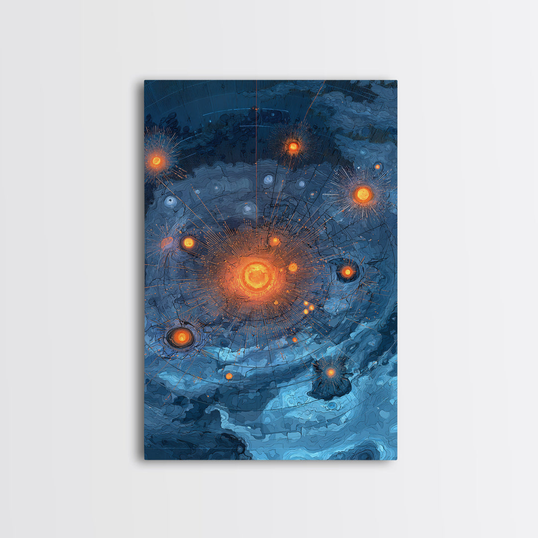 Blue Orange Planetary Orbit Canvas Print, Midcentury Modern Abstract Space Art, Atomic Poster, Geometric Office Decor Gift