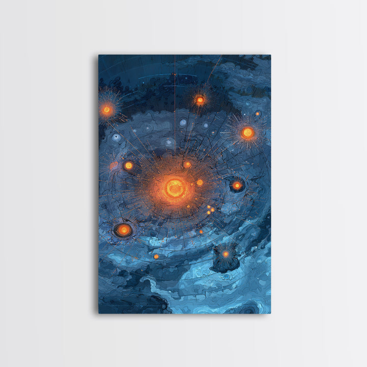 Blue Orange Planetary Orbit Canvas Print, Midcentury Modern Abstract Space Art, Atomic Poster, Geometric Office Decor Gift