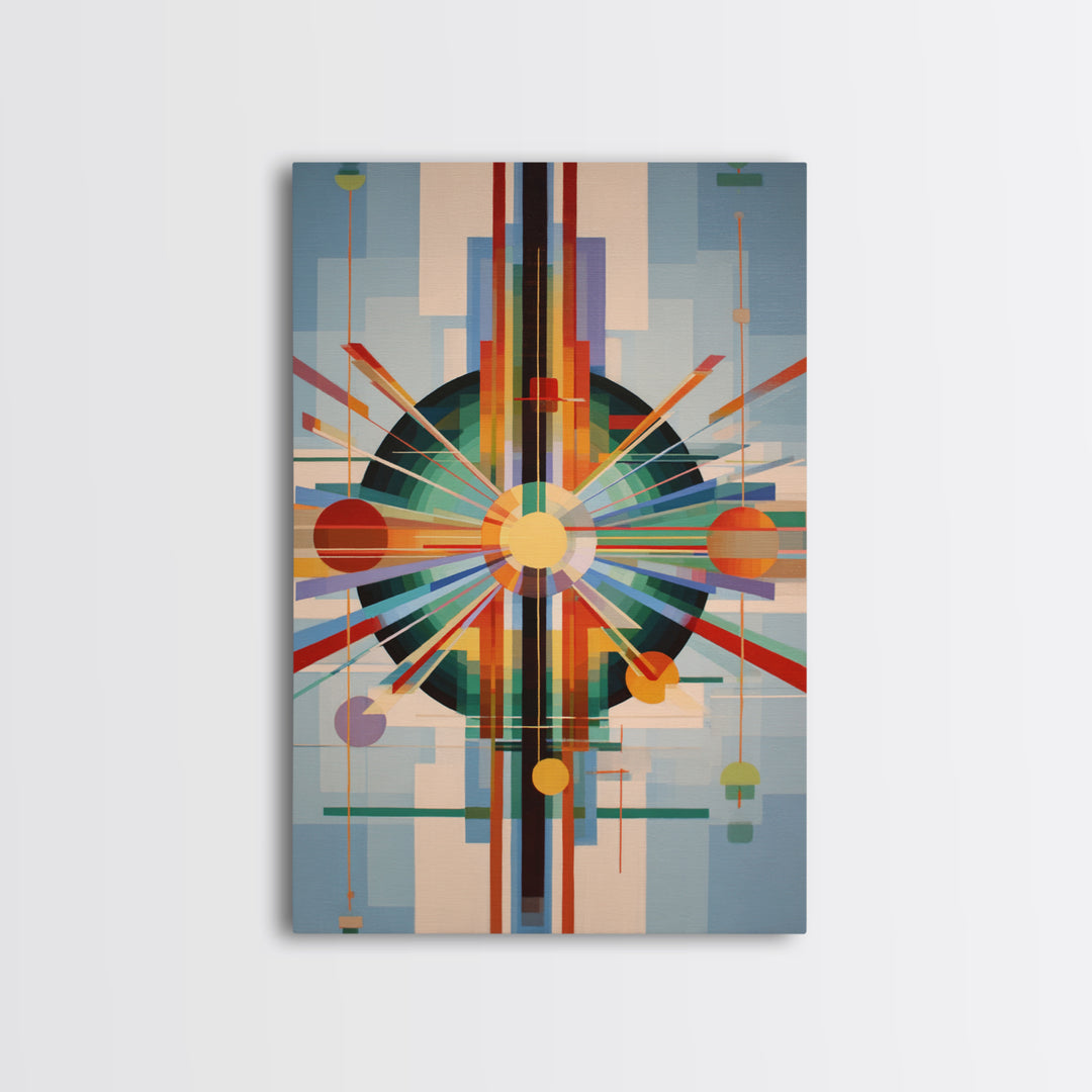 Geometric Atomic Sunburst Canvas Print, Midcentury Modern Wall Art, Bauhaus Abstract Poster, Colorful Retro Home Decor Gift