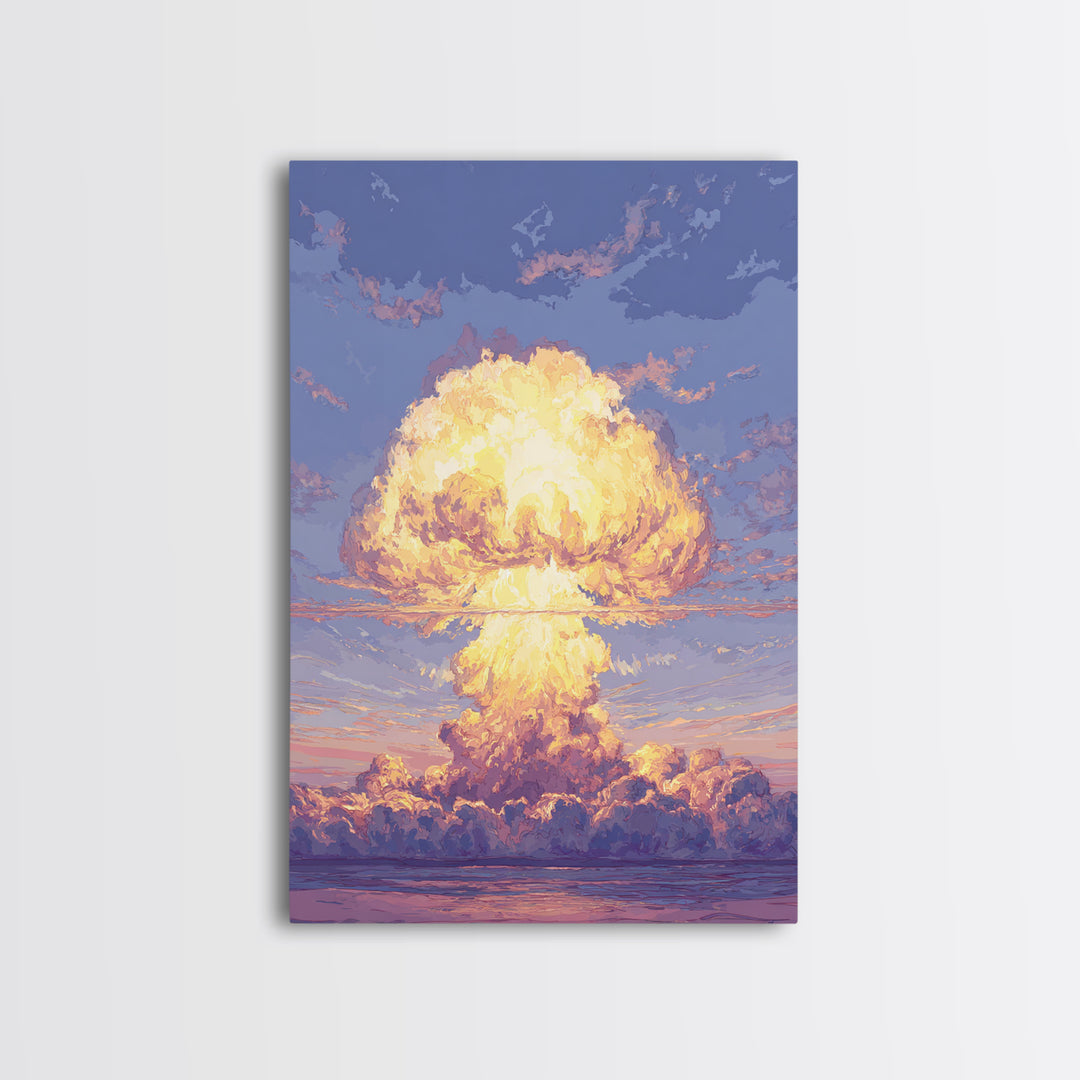 Glowing Nuclear Mushroom Cloud Over Ocean Wall Art, Retro Sci Fi Poster, Atomic Sunset Print, Dramatic Modern Wall Decor