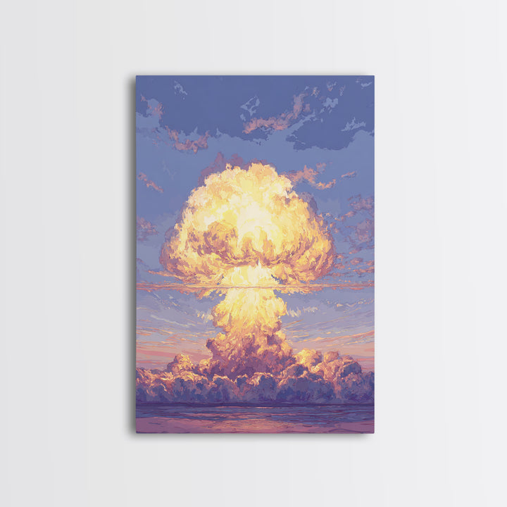 Glowing Nuclear Mushroom Cloud Over Ocean Wall Art, Retro Sci Fi Poster, Atomic Sunset Print, Dramatic Modern Wall Decor