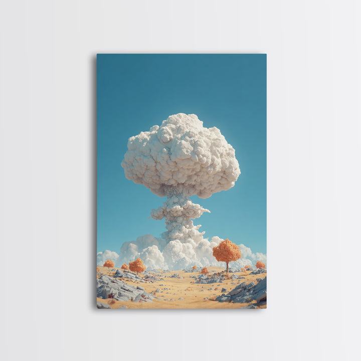 White Mushroom Cloud In Desert Landscape Framed Canvas Print, Surreal Atomic Art, Modern Wall Decor, Blue Sky Poster Print