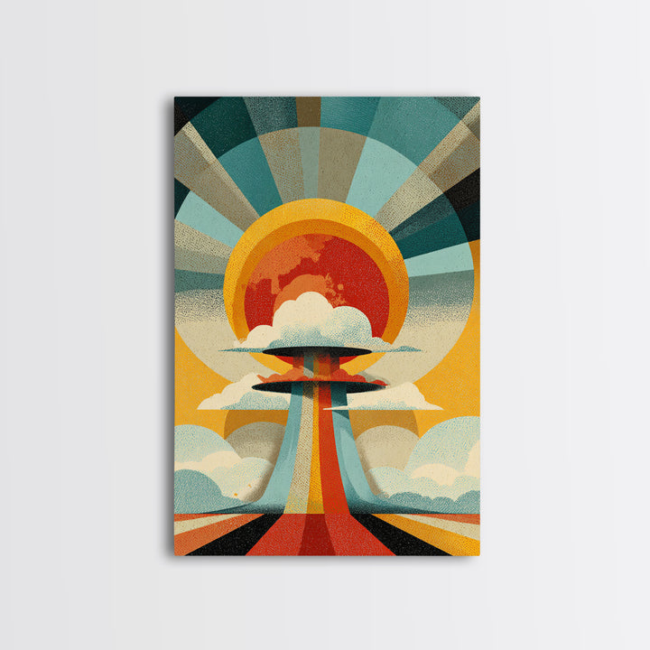 Retro Sunburst UFO Cloud Tower Canvas Print, Atomic Midcentury Modern Wall Art, Space Age Poster, Bold Geometric Decor Print