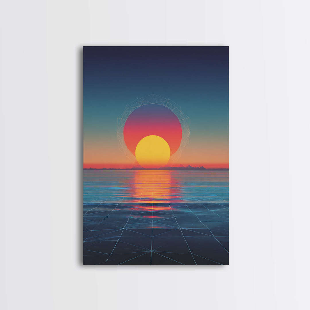 Neon Sunset Over Ocean Grid Wall Art, Synthwave Retro Poster, Vaporwave Modern Wall Decor, 80s Digital Art Print, Futuristic Decor
