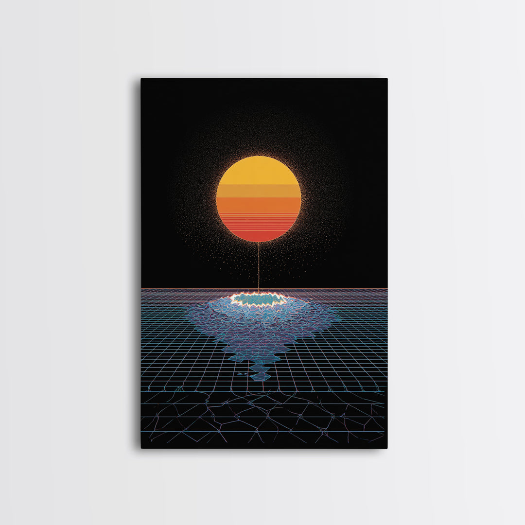 Minimal Retro Sun Over Digital Grid Canvas Print, Black Sci Fi Wall Art, Vaporwave Poster, Modern Geometric Decor Print Gift