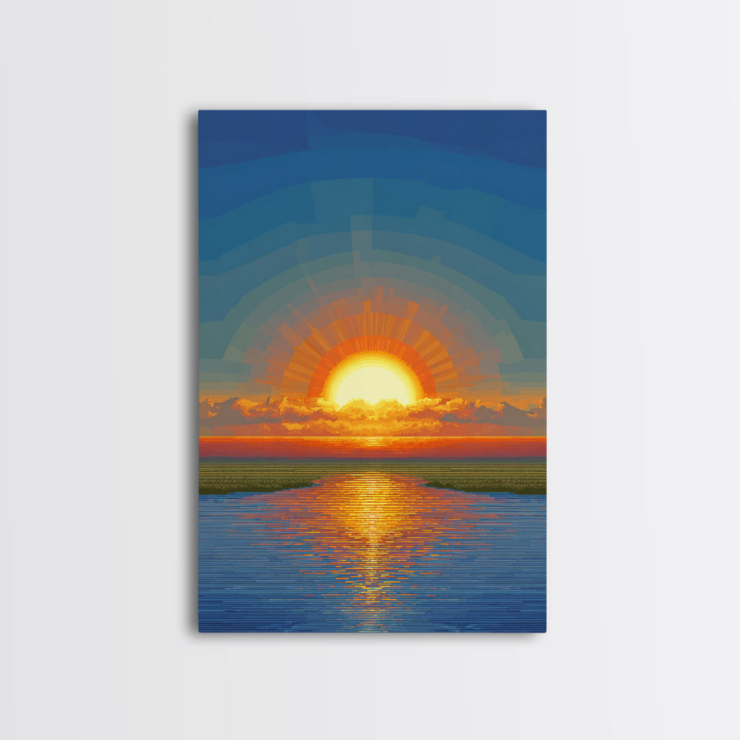 Golden Sunrise Over Calm Water Wall Art, Pixel Style Midcentury Poster, Modern Abstract Landscape, Living Room Decor Print
