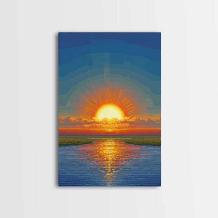 Golden Sunrise Over Calm Water Wall Art, Pixel Style Midcentury Poster, Modern Abstract Landscape, Living Room Decor Print