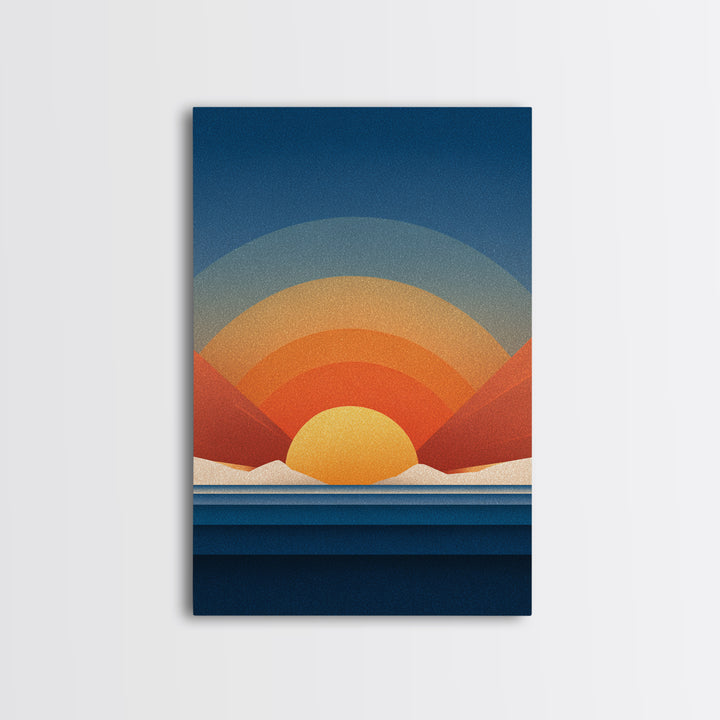 Geometric Desert Sunrise With Red Mountains Framed Canvas Print, Midcentury Modern Wall Art, Orange Blue Abstract Decor Poster
