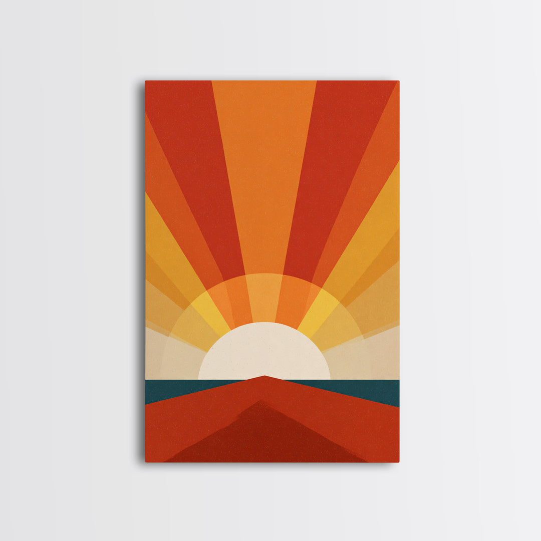 Bold Retro Sunrise Rays Over Ocean Road Canvas Print, 70s Wall Art Poster, Midcentury Modern Decor, Orange Sun Print Gift