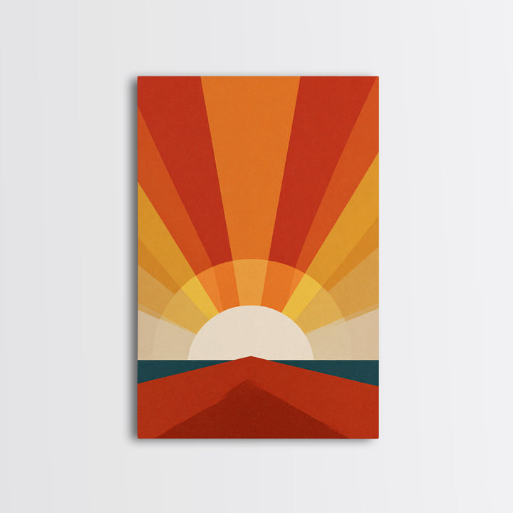 Bold Retro Sunrise Rays Over Ocean Road Canvas Print, 70s Wall Art Poster, Midcentury Modern Decor, Orange Sun Print Gift