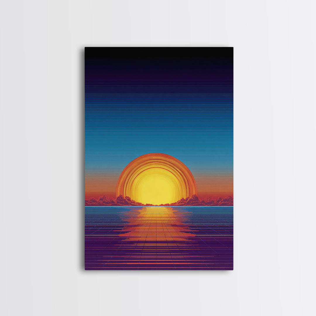 Neon Retro Sunset Over Ocean Grid Wall Art, Synthwave 80s Poster, Vaporwave Decor, Modern Digital Art, Blue Orange Print