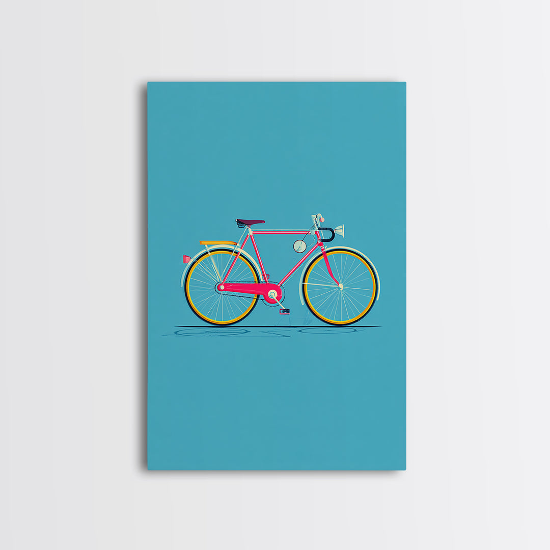 Colorful Pink Bicycle On Teal Canvas Print, Mid Century Modern Art, Retro Cycling Poster, Dopamine Decor, Kids Room Art Gift