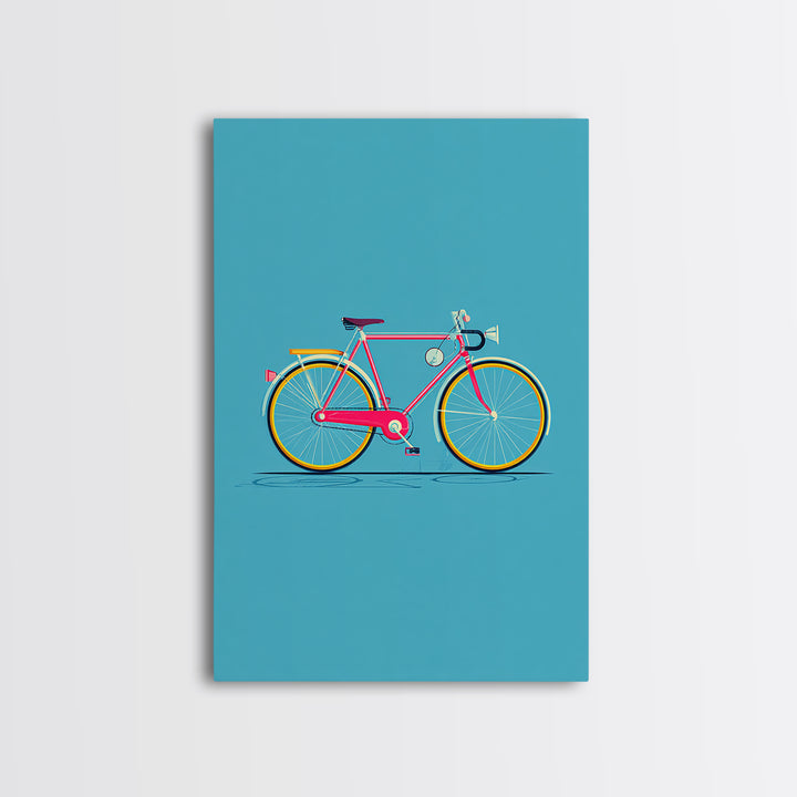 Colorful Pink Bicycle On Teal Canvas Print, Mid Century Modern Art, Retro Cycling Poster, Dopamine Decor, Kids Room Art Gift
