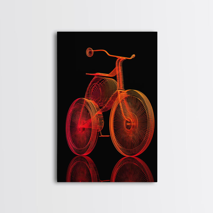 Neon Orange Tricycle Line Art Canvas Print, Black Background Retro Poster, Modern Digital Art, Atomic Decor, Kids Room Art