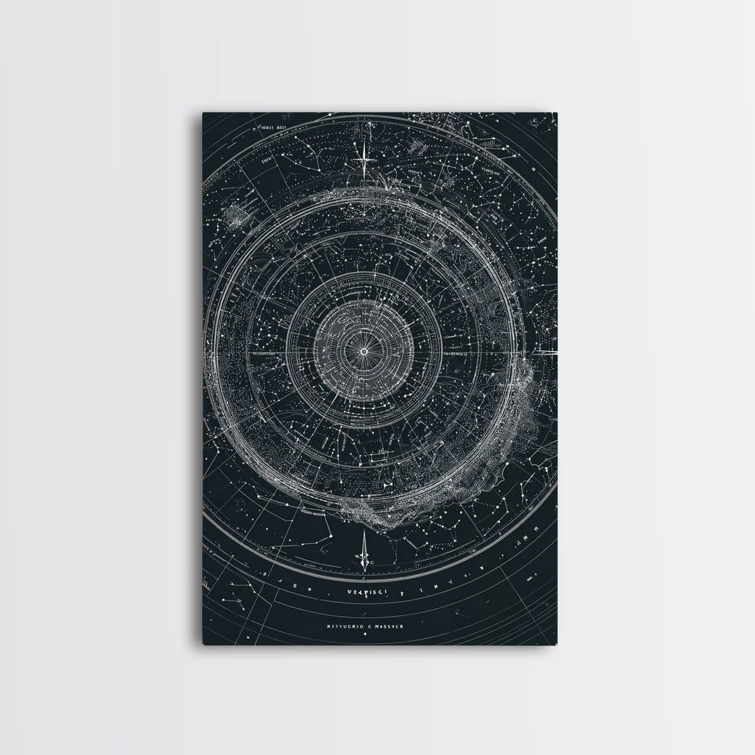 Circular Zodiac Sky Map Wall Art, Black White Astronomy Poster, Geometric Celestial Chart, Modern Art Print, Office Decor