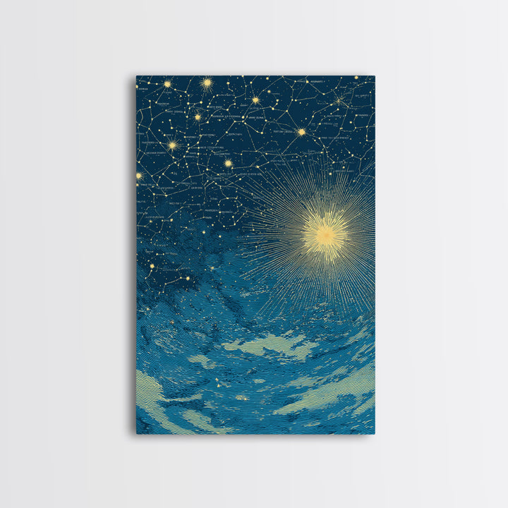 Blue Gold Celestial Starburst Canvas Print, Constellation Night Sky Wall Art, Space Abstract Art, Modern Poster, Spiritual Decor