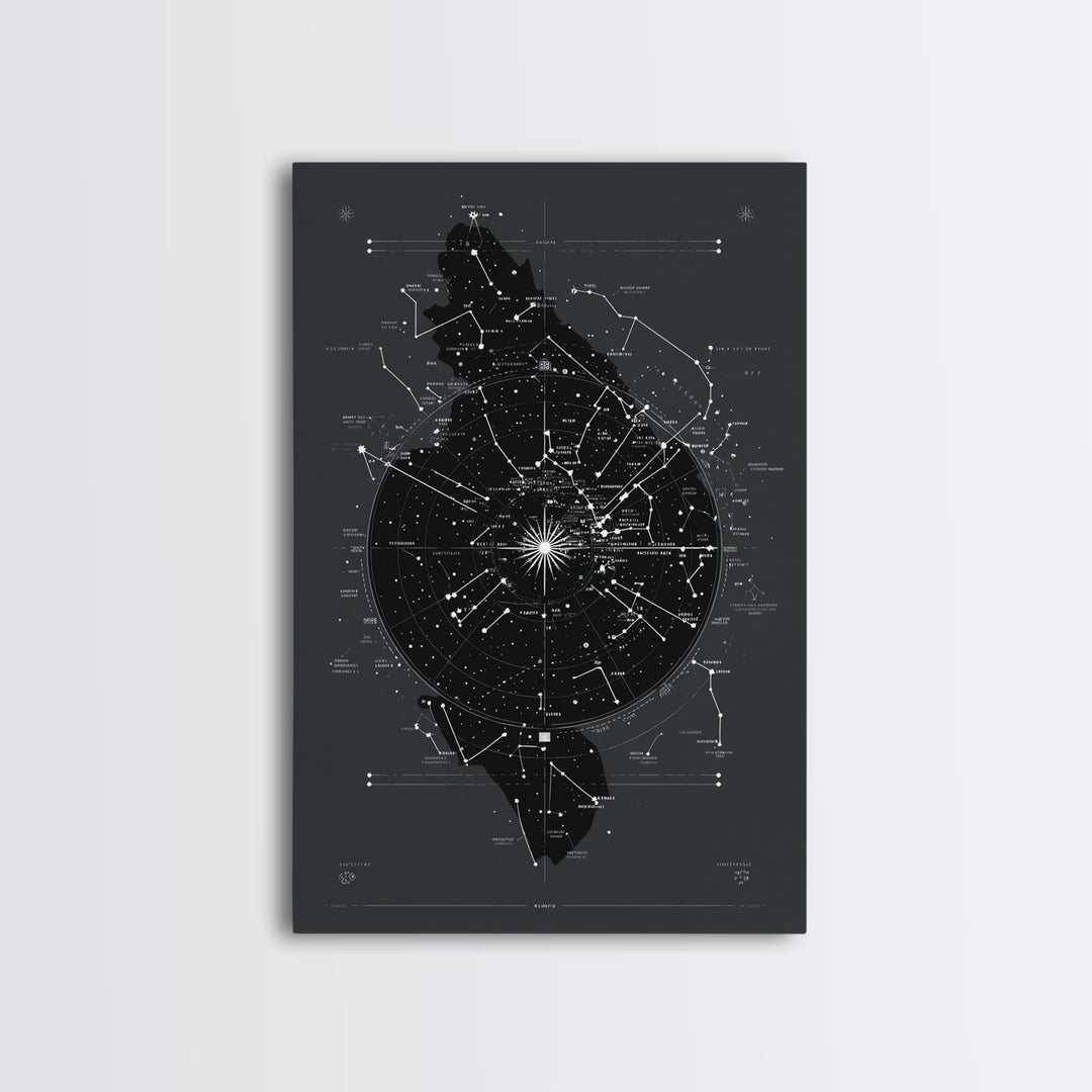 Dark Celestial Star Map Canvas Print, Constellation Wall Art, Cosmic Geometric Poster, Modern Sci Fi Office Home Decor Gift