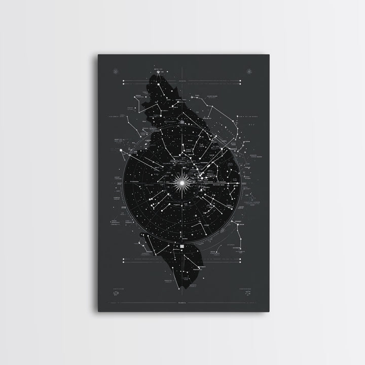 Dark Celestial Star Map Canvas Print, Constellation Wall Art, Cosmic Geometric Poster, Modern Sci Fi Office Home Decor Gift