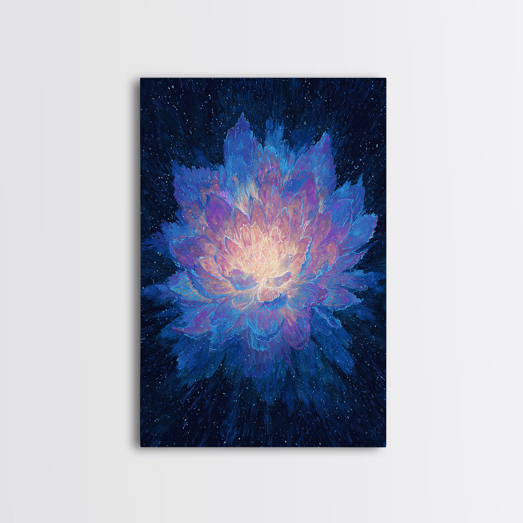 Radiant Blue Lotus Canvas Print, Spiritual Floral Wall Art, Luminous Abstract Flower Poster, Yoga Meditation Room Decor Gift