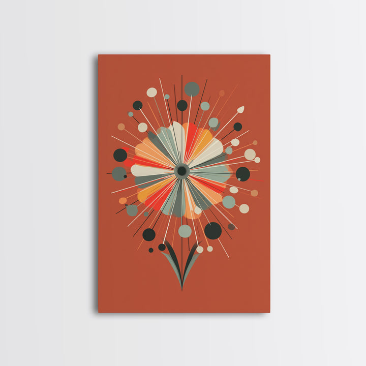 Rust Orange Atomic Flower Wall Art, Midcentury Modern Canvas Print, Geometric Retro Poster, MCM Living Room Decor Gift Idea