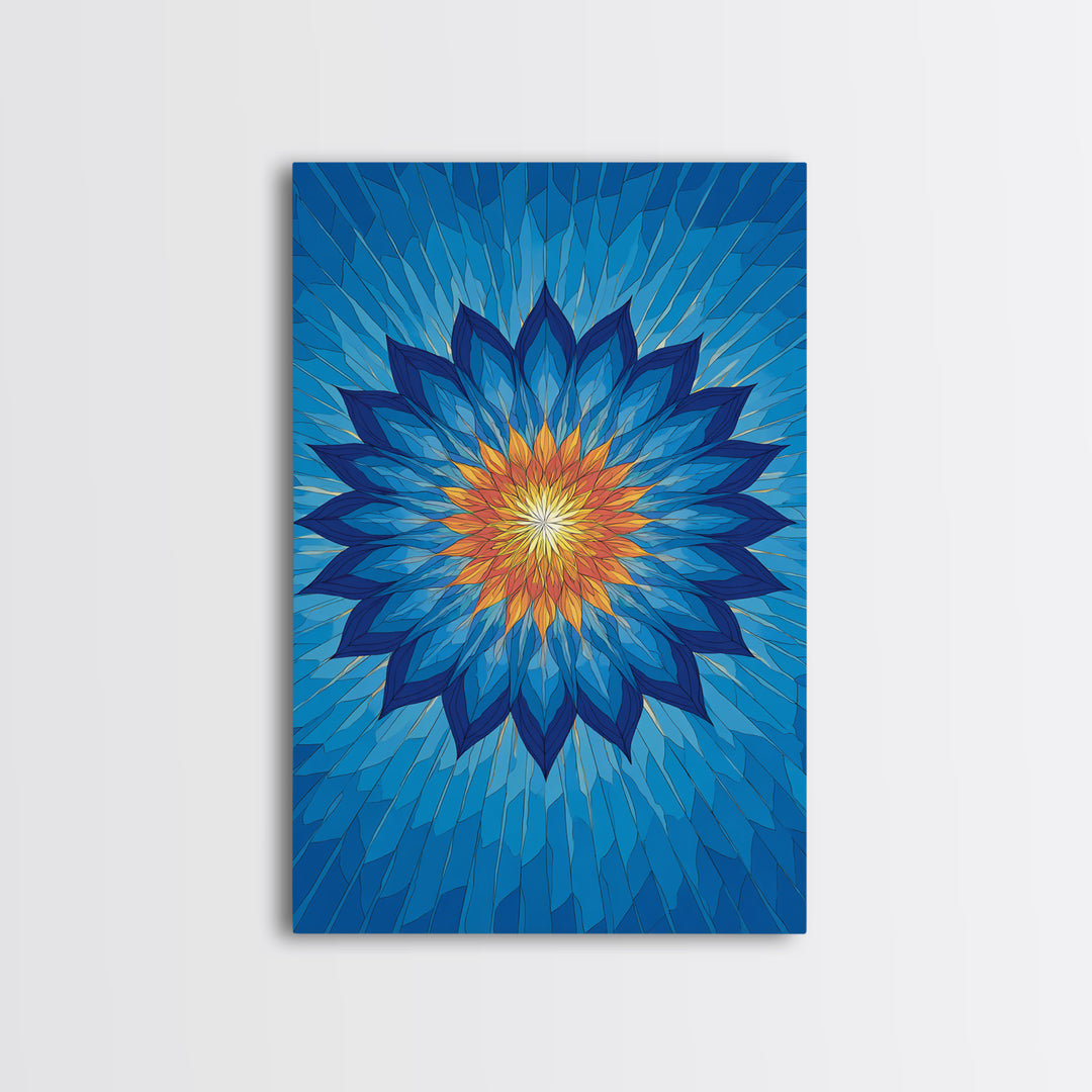 Blue Geometric Lotus Mandala Canvas Print, Abstract Floral Wall Art, Modern Spiritual Poster, Yoga Meditation Decor Gift Idea
