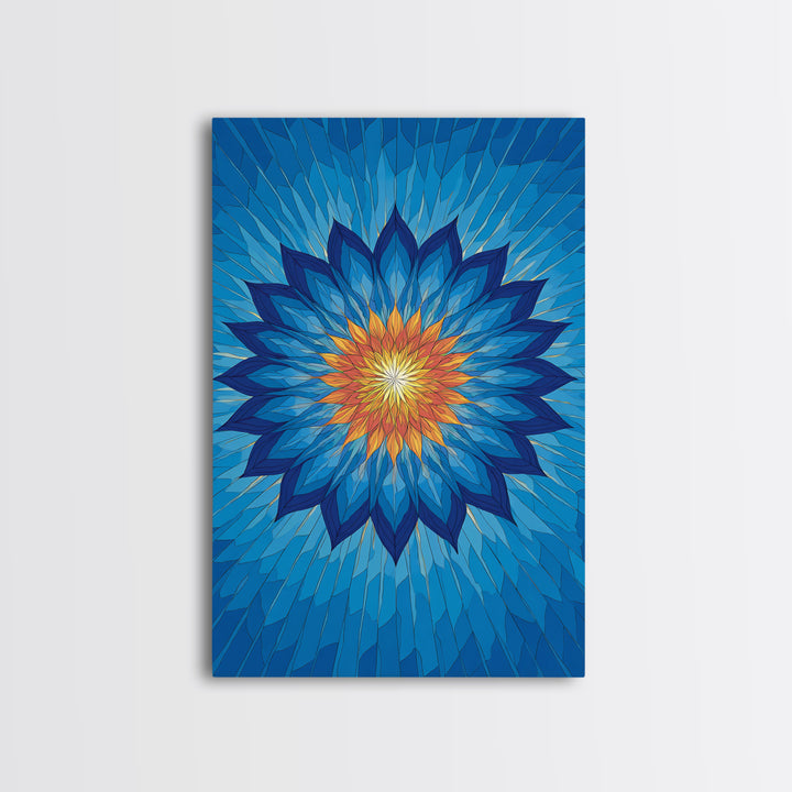 Blue Geometric Lotus Mandala Canvas Print, Abstract Floral Wall Art, Modern Spiritual Poster, Yoga Meditation Decor Gift Idea