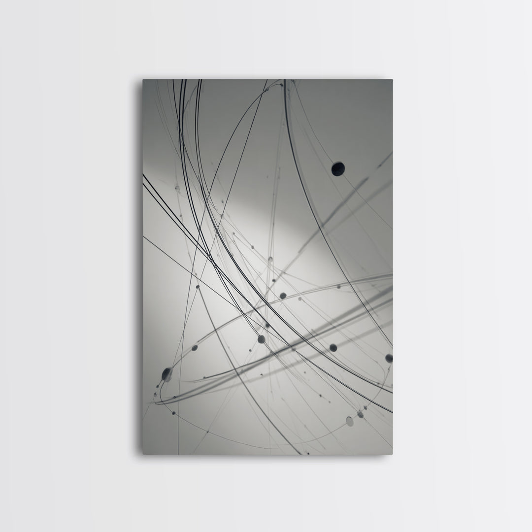 Gray Network Line Framed Canvas Print, Modern Abstract Art, Minimalist Wall Decor, Kinetic Sculpture Inspired Office Art