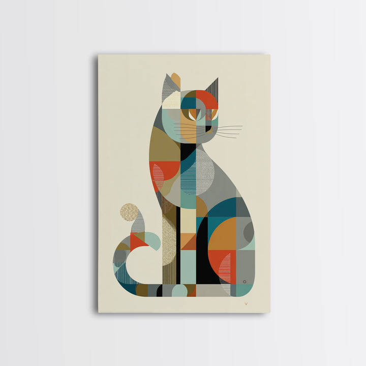 Minimalist Geometric Cat Framed Canvas Print, Midcentury Modern Animal Art, Bauhaus Poster, Neutral Scandinavian Decor Gift