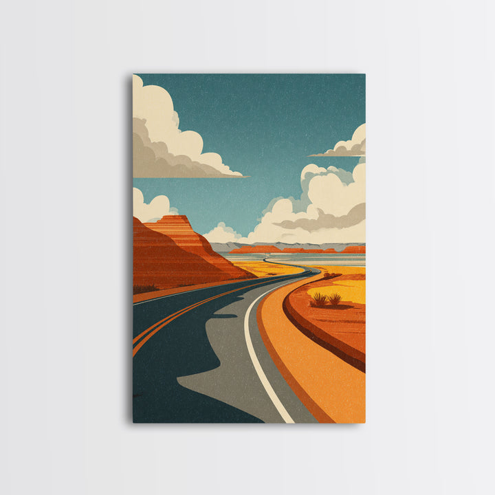 Winding Desert Highway With Red Mesas Wall Art, Mid Century Modern Travel Poster, Retro Southwest Road Trip Decor Print Gift