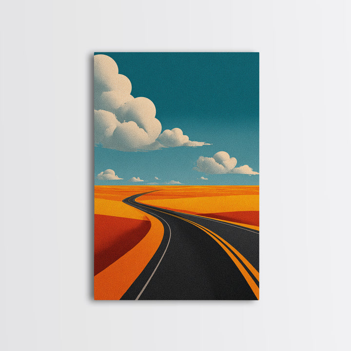 Curving Blacktop Across Orange Desert Canvas Print, Mid Century Modern Wall Art, Retro Road Trip Landscape Poster Home Decor