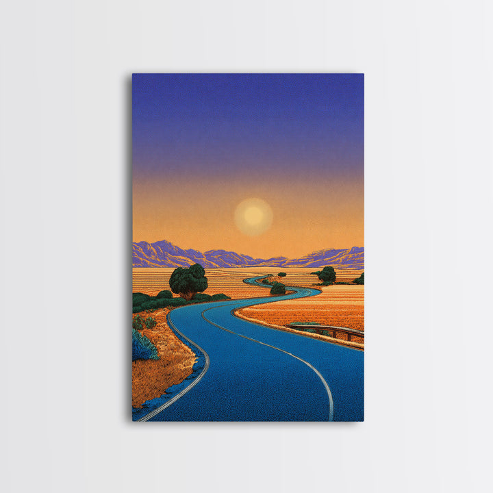 Golden Sunset Road Through Valley Wall Art, Mid Century Modern Landscape Print, Retro California Desert Home Decor Poster