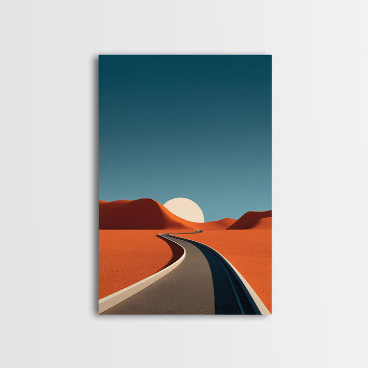 Minimal Desert Road With Low Sun Framed Canvas Print, Modern Abstract Wall Art, Midcentury Southwest Landscape Decor Poster