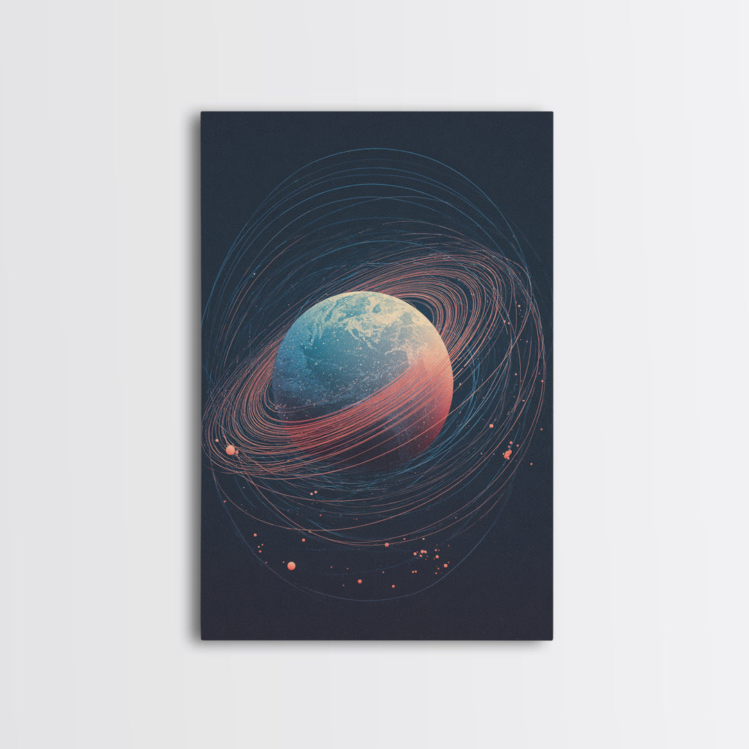 Textured Ringed Planet In Deep Space Wall Art, Modern Abstract Art Print, Retro Sci Fi Cosmic Home Decor Canvas Poster Gift