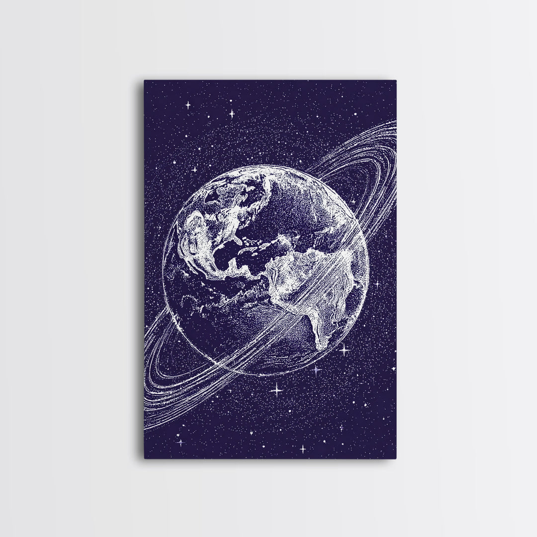 Purple Starry Earth With Saturn Rings Canvas Print, Cosmic Retro Wall Art, Modern Space Poster For Bedroom Decor Gift Print