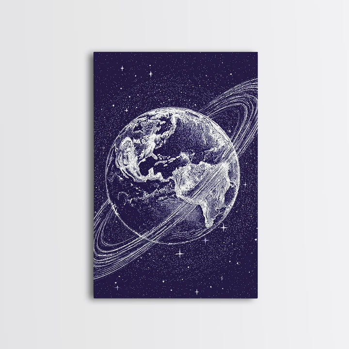 Purple Starry Earth With Saturn Rings Canvas Print, Cosmic Retro Wall Art, Modern Space Poster For Bedroom Decor Gift Print