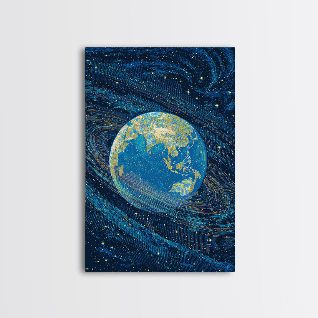 Blue Earth Wrapped In Starry Cosmic Swirls Wall Art, Modern Abstract Art Print, Retro Sci Fi Space Home Decor Poster Gift