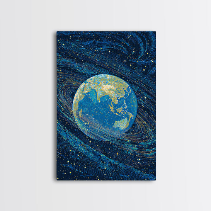 Blue Earth Wrapped In Starry Cosmic Swirls Wall Art, Modern Abstract Art Print, Retro Sci Fi Space Home Decor Poster Gift