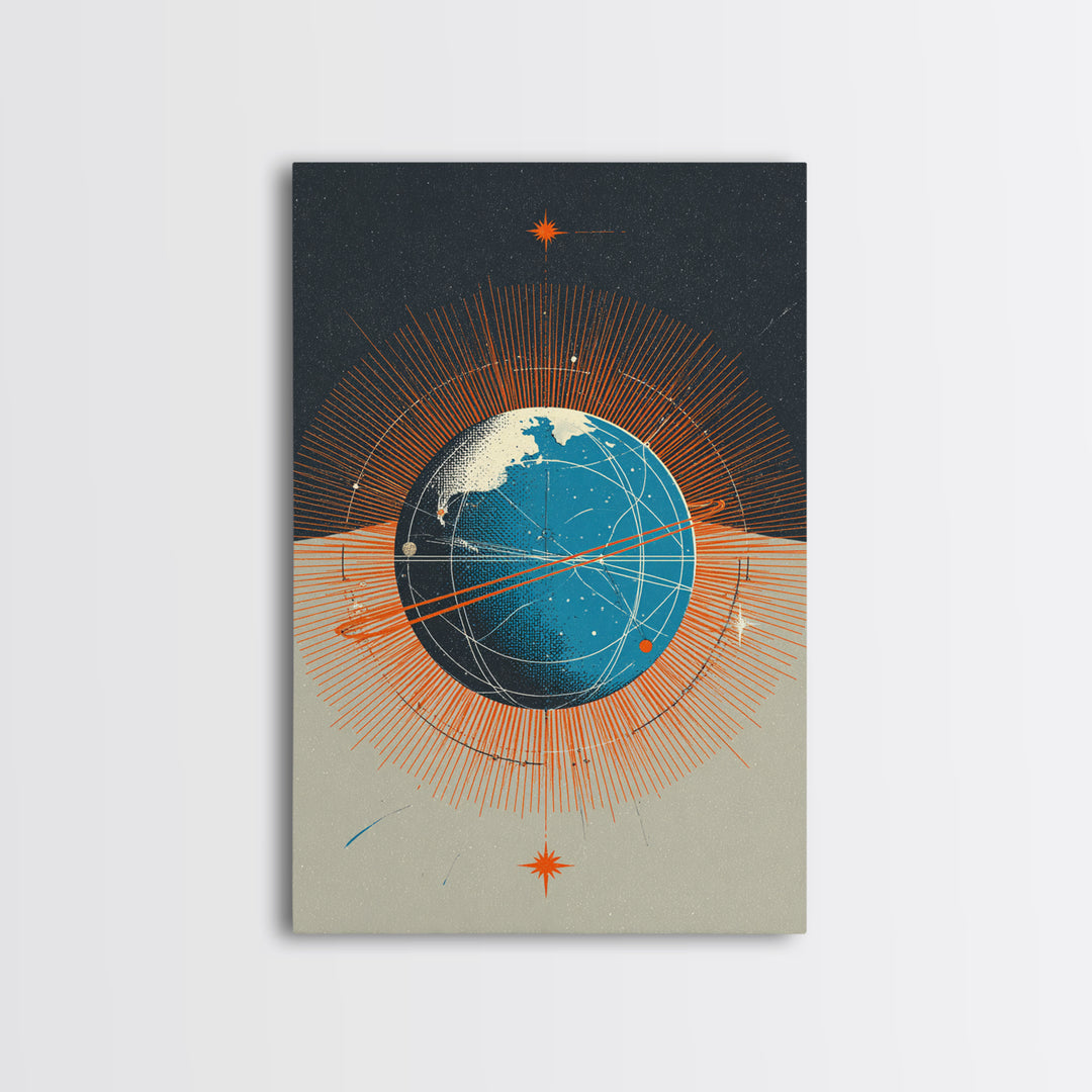 Orange Orbit Planet With Radiating Lines Framed Canvas Print, Modern Abstract Wall Art, Retro Sci Fi Space Decor Poster Gift