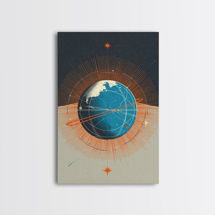 Orange Orbit Planet With Radiating Lines Framed Canvas Print, Modern Abstract Wall Art, Retro Sci Fi Space Decor Poster Gift
