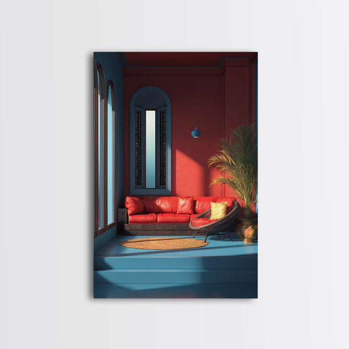 Red Sofa Blue Arch Interior Wall Art, Midcentury Modern Decor, Palm Springs Style, Bold Living Room Canvas Print Statement Home Decor