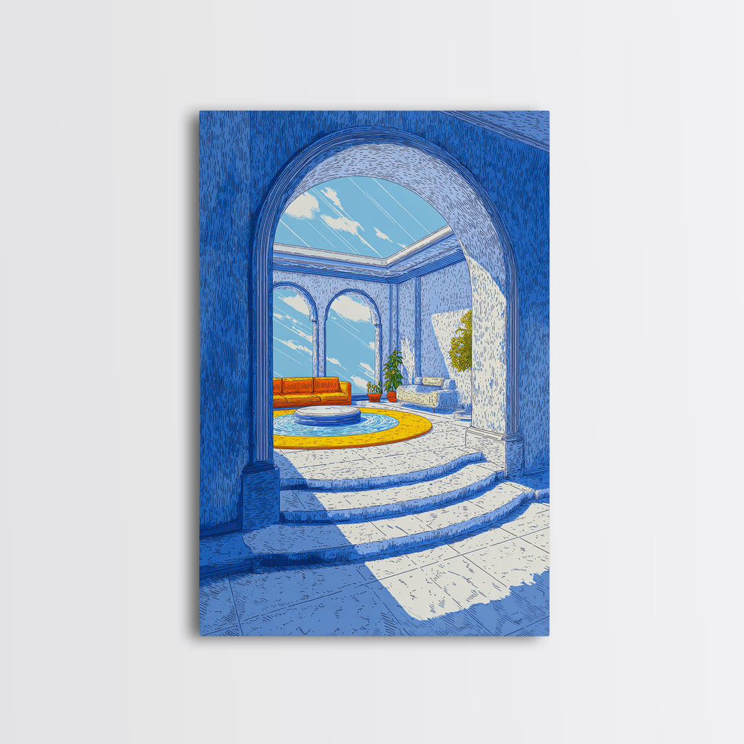 Blue Arched Sunroom With Orange Sofa Framed Canvas Print, Midcentury Modern Wall Art, Mediterranean Living Room Decor Poster
