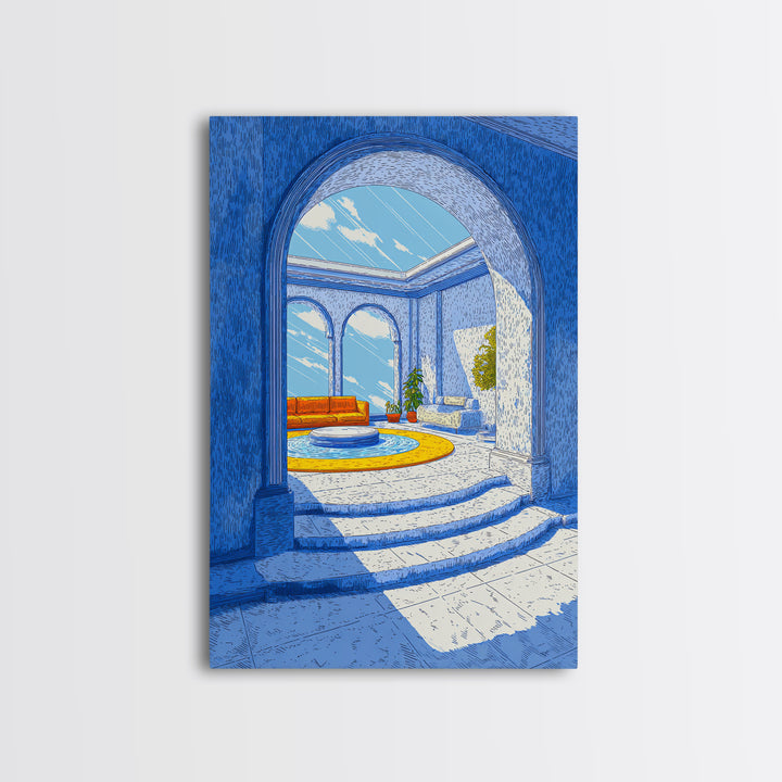 Blue Arched Sunroom With Orange Sofa Framed Canvas Print, Midcentury Modern Wall Art, Mediterranean Living Room Decor Poster