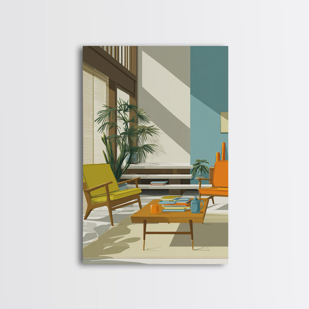 Yellow And Orange Lounge Chairs Canvas Print, Midcentury Modern Wall Art, Retro Living Room Decor, MCM Home Office Art Print