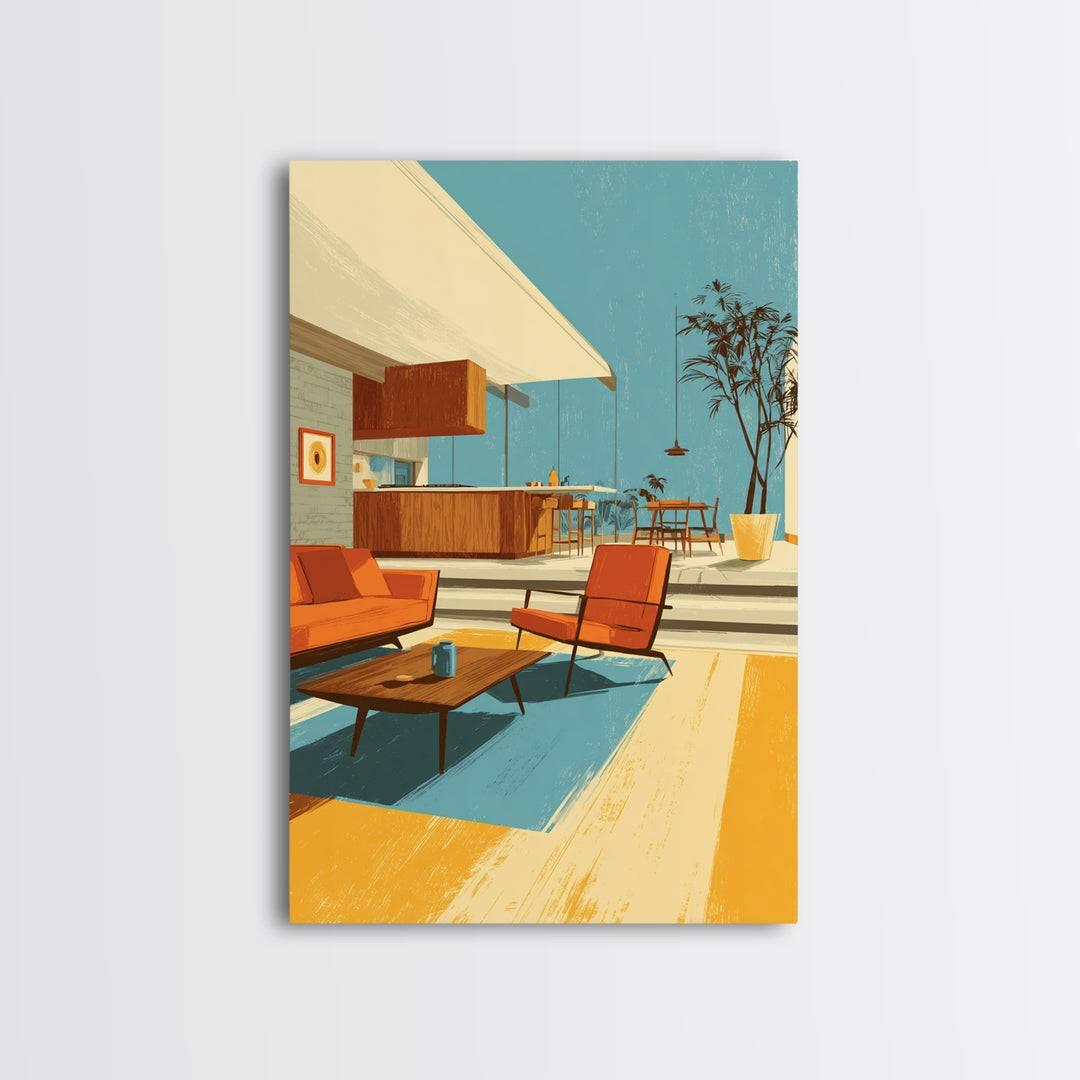 Orange Patio Chairs And Sunny Kitchen Wall Art, Midcentury Modern Decor, Retro Palm Springs Canvas Print, Bright Home Decor