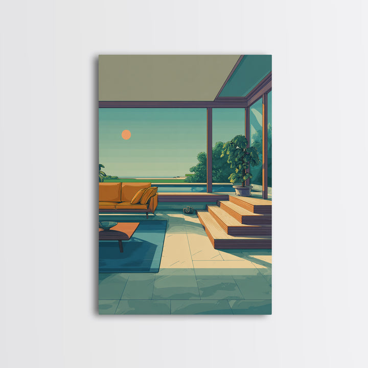 Orange Sofa Ocean View Living Room Canvas Print, Midcentury Modern Wall Art, Coastal Sunset Decor, Retro Home Office Poster